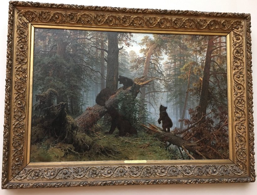 Un matin dans une forêt de pins par Constantin Savitski et Ivan Chichkine (1889). Tableau préféré des Russes, paraît-il...
